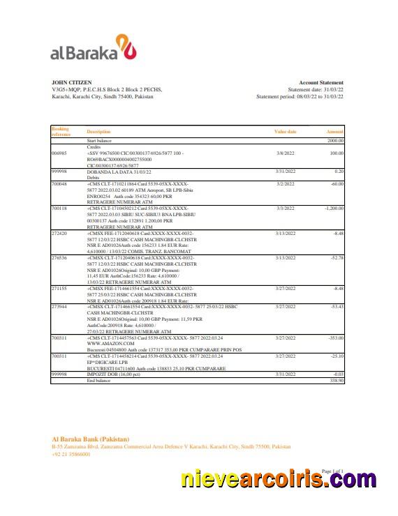 Pakistan Al Baraka bank statement Excel and PDF